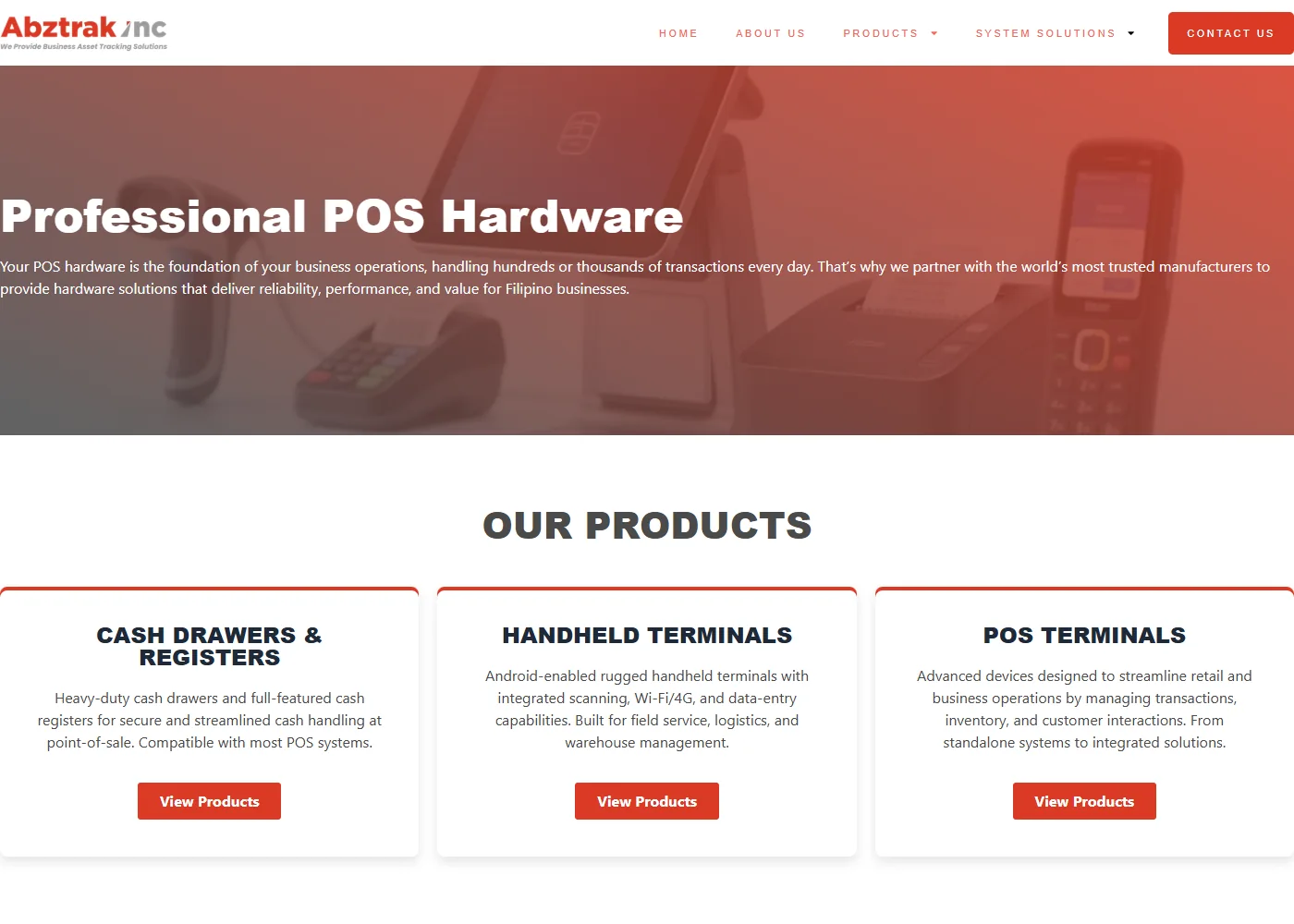 ABZTRAK website products page, showing the hardware categories.