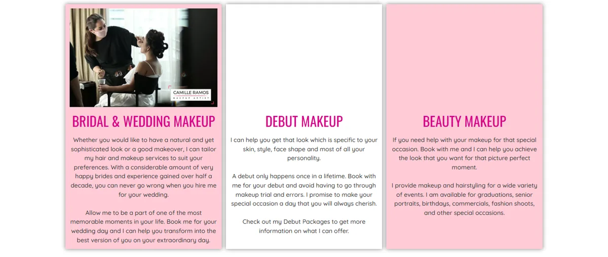 Bridal, debut and event makeup package information.