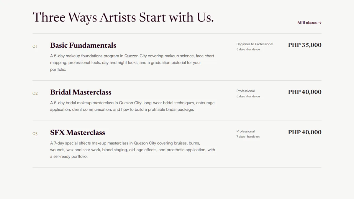 Course comparison with level, duration and tuition for three makeup courses.