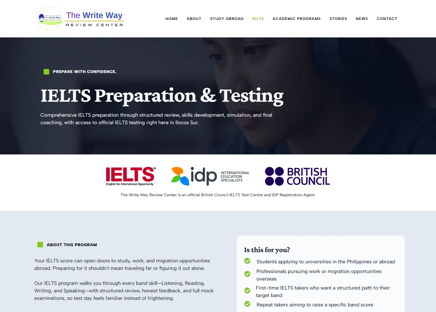 The Write Way Review Center website IELTS page, showing the test partners and the “Is this for you?” list.